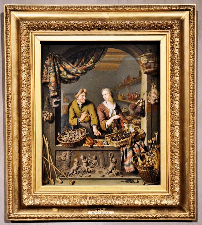 An Old Man and a Girl at a Vegetable and Fish Stall by Willem van Mierls